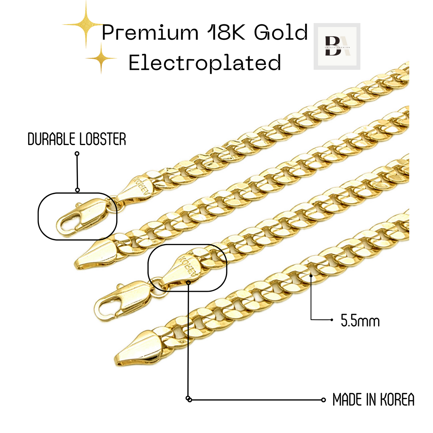 Brass 18K Gold Plated Concave Cuban Anklets 5.5mm