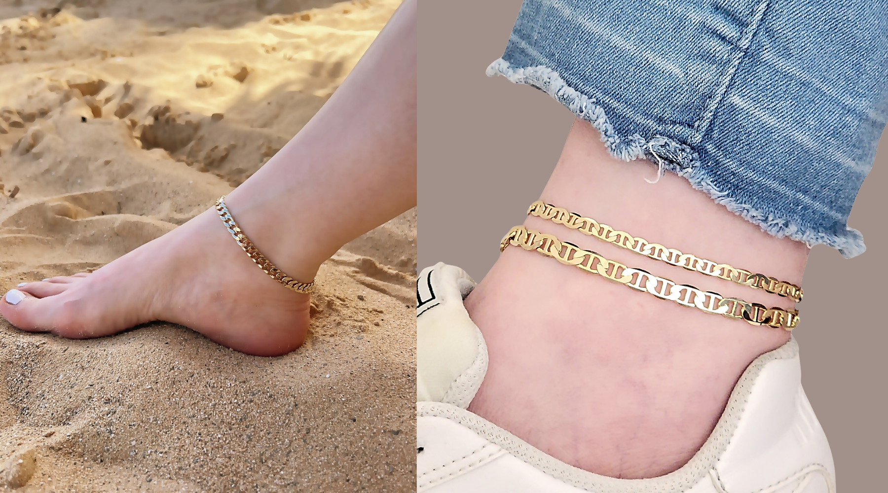 Gold anklets on feet against sand and neutral background