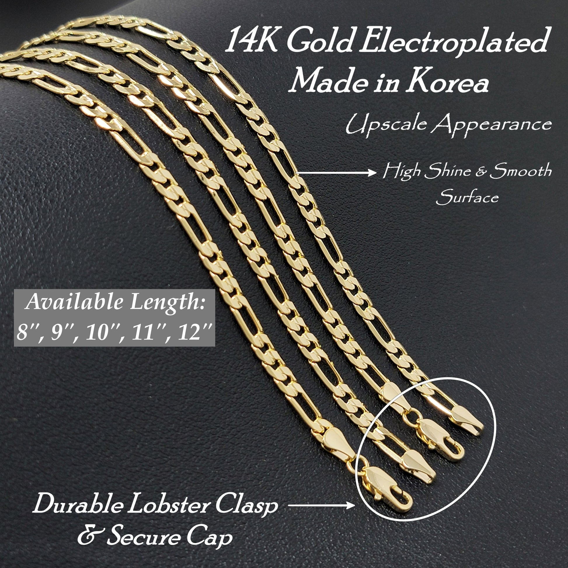Gold Figaro chain with lobster clasp on a dark background, labeled '14K Gold Electroplated Made in Korea'.