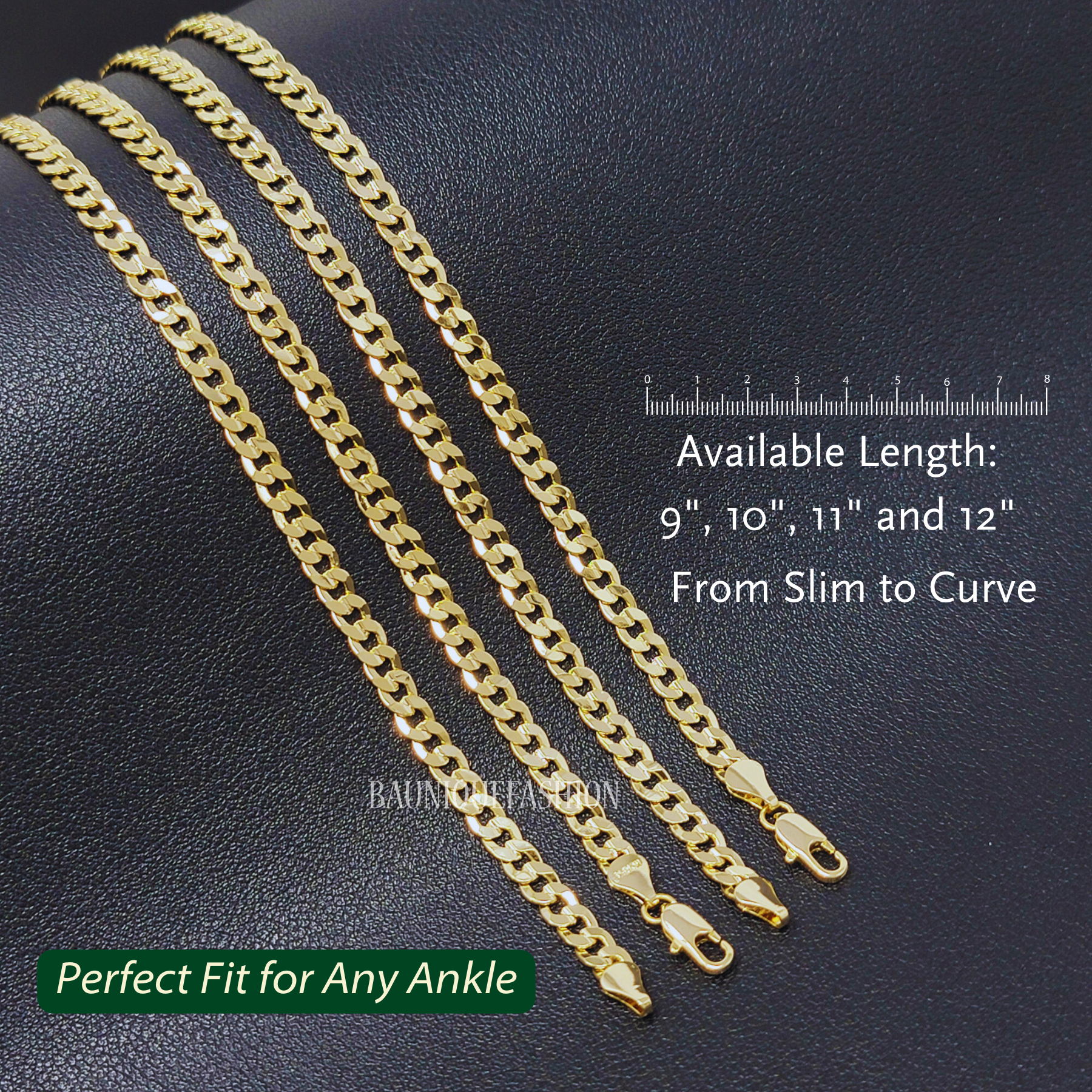 Gold chain necklaces of different lengths on a dark background with measurement details.