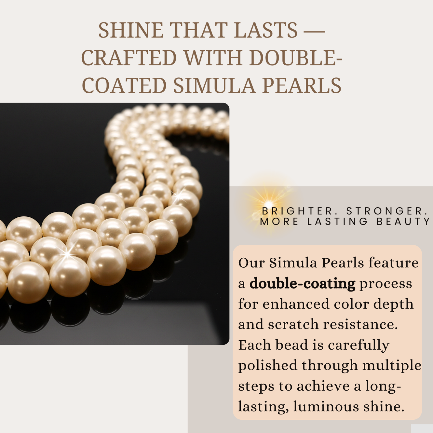 Pearl necklace with text about Simula Pearls' double-coating process on a white background