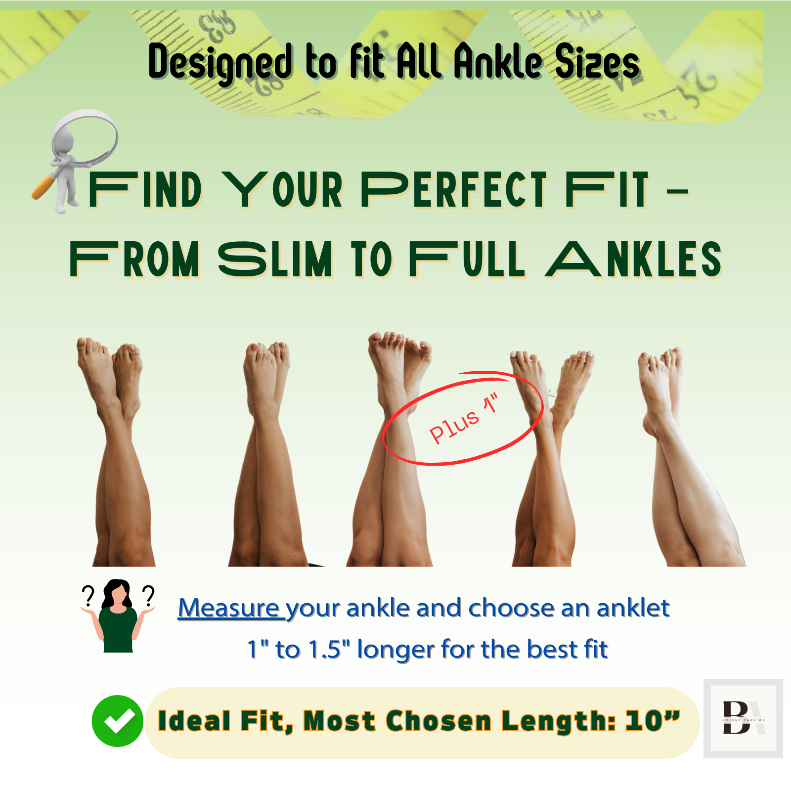 Advertisement for anklets with measurements and fitting instructions on a green background