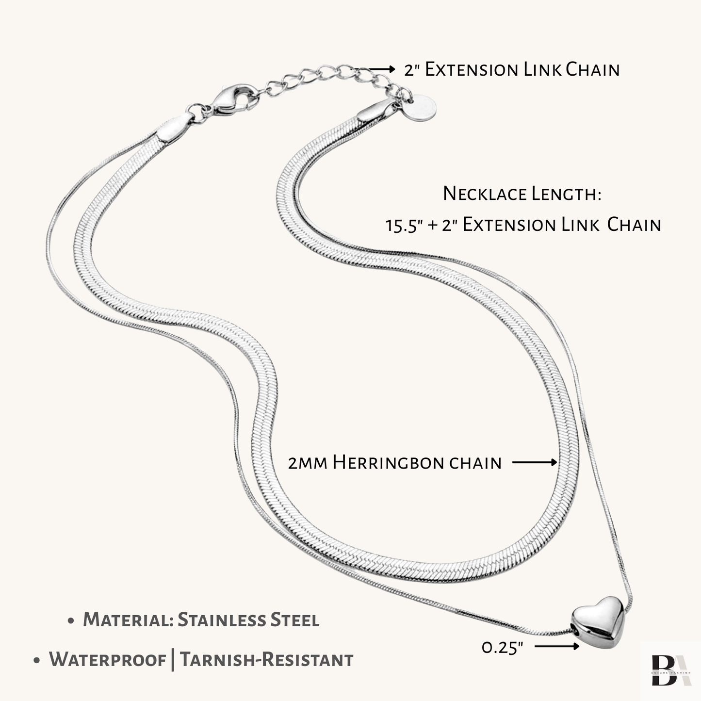 Silver necklace with extension link chain on a white background