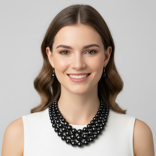 White Dressed Woman wearing Black Pearl Necklace and earring
