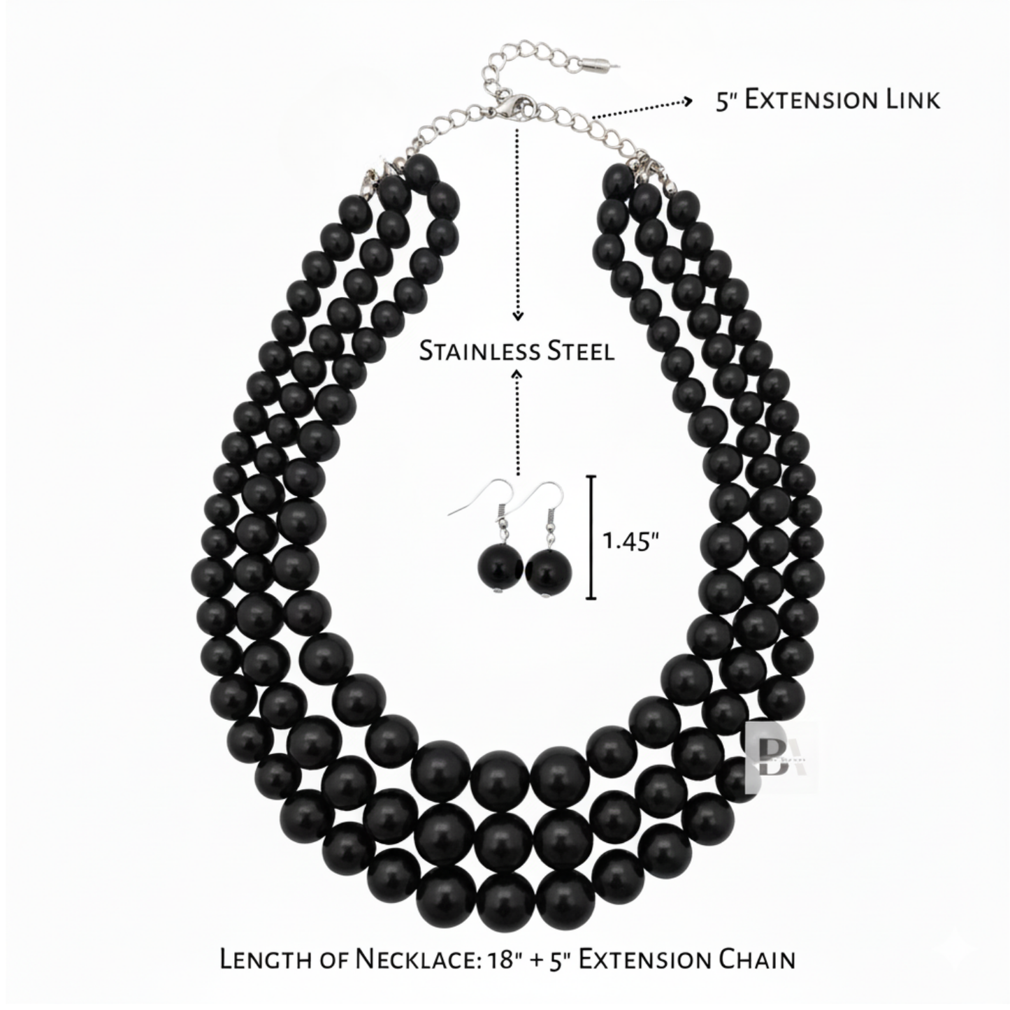 Black Pearl Necklace and earring's Size Detail