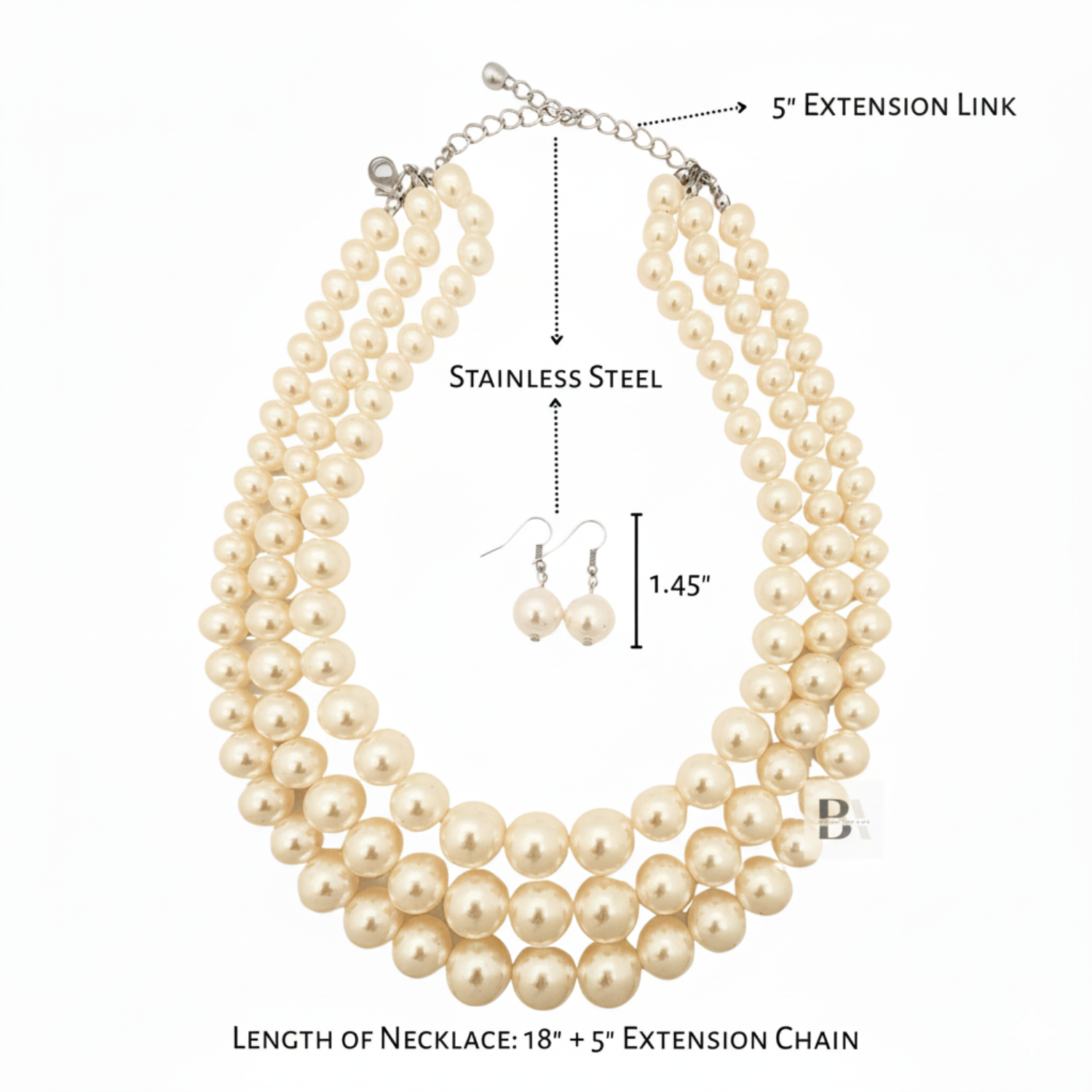 Cream Pearl necklace and earrings with measurements on a white background