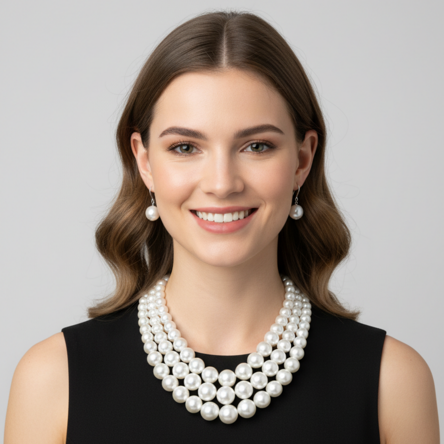 Woman wearing a 3-layered pearl necklace against a gray background