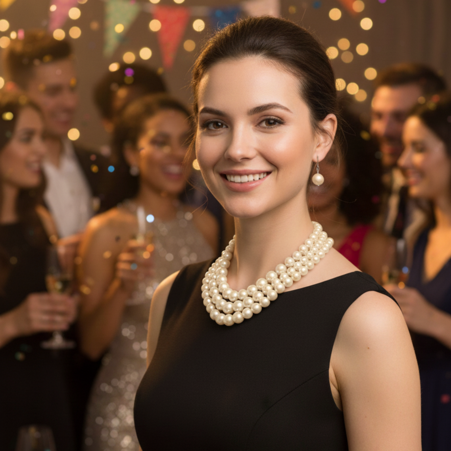 Woman in a black dress with pearl necklace at a festive event