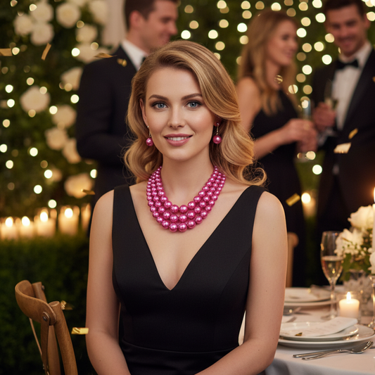 Woman wearing Hot Pink Pearl Necklace in the Party