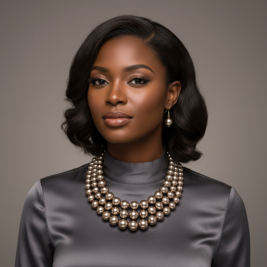 Woman wearing a pearl necklace against a neutral background
