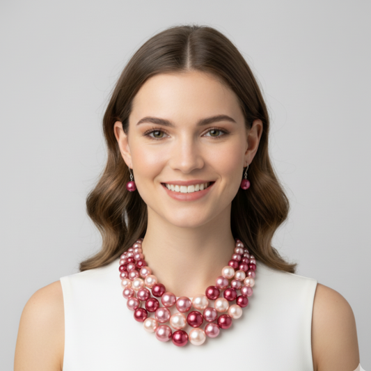 Woman wearing a pink pearl necklace against a gray background