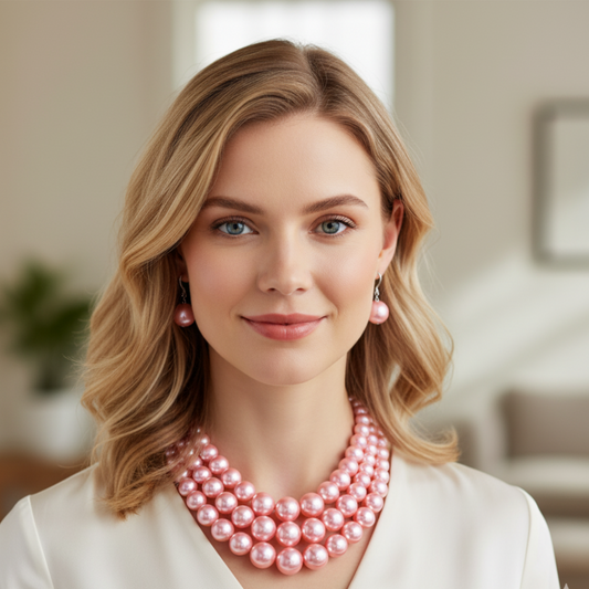 Woman wearing a pink pearl necklace in an indoor setting