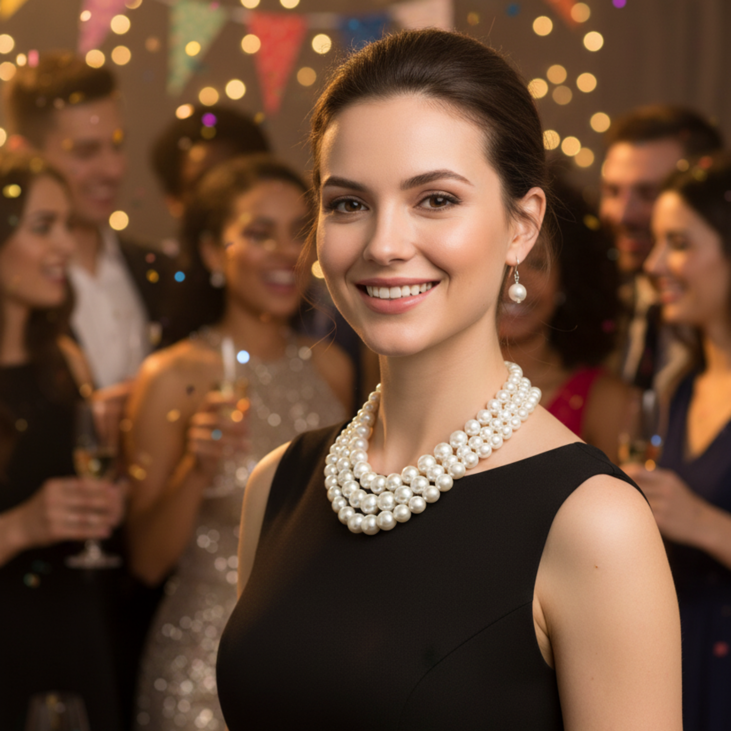 Woman in a black dress with pearl necklace at a festive party