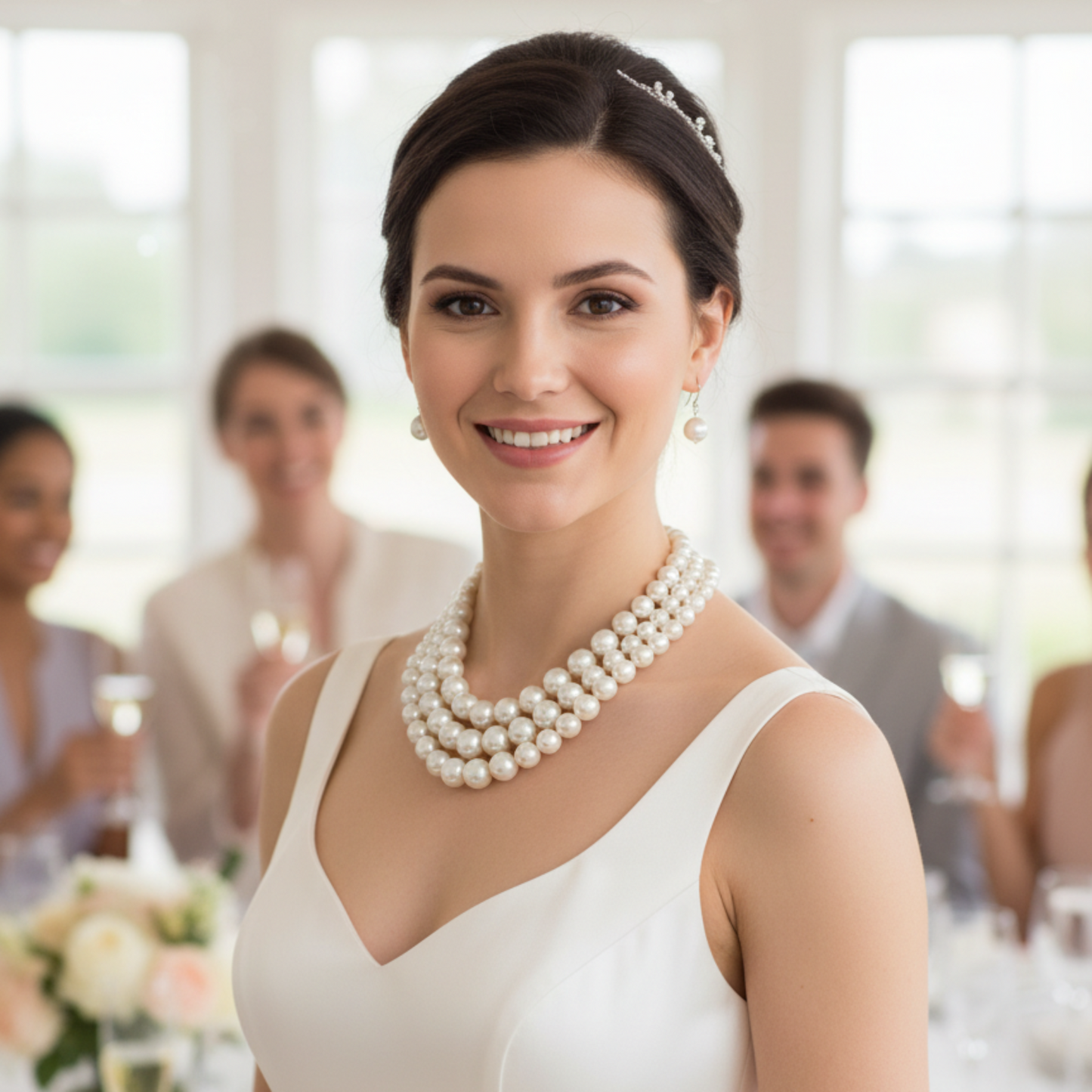 Woman in a white dress with pearl necklace and earrings, blurred background of people and flowers.