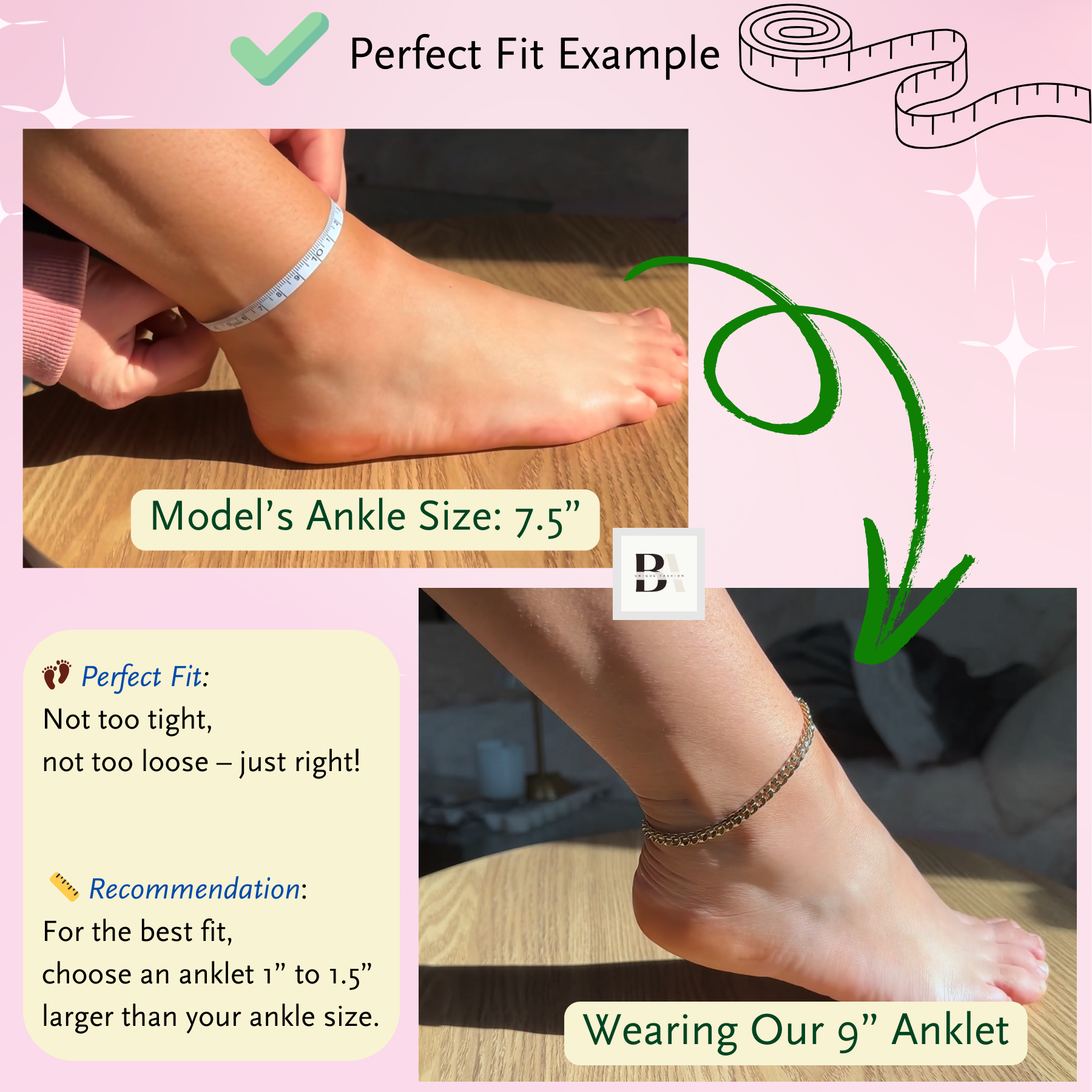 Ankle measurement guide with a foot wearing an anklet, showing the correct fit.