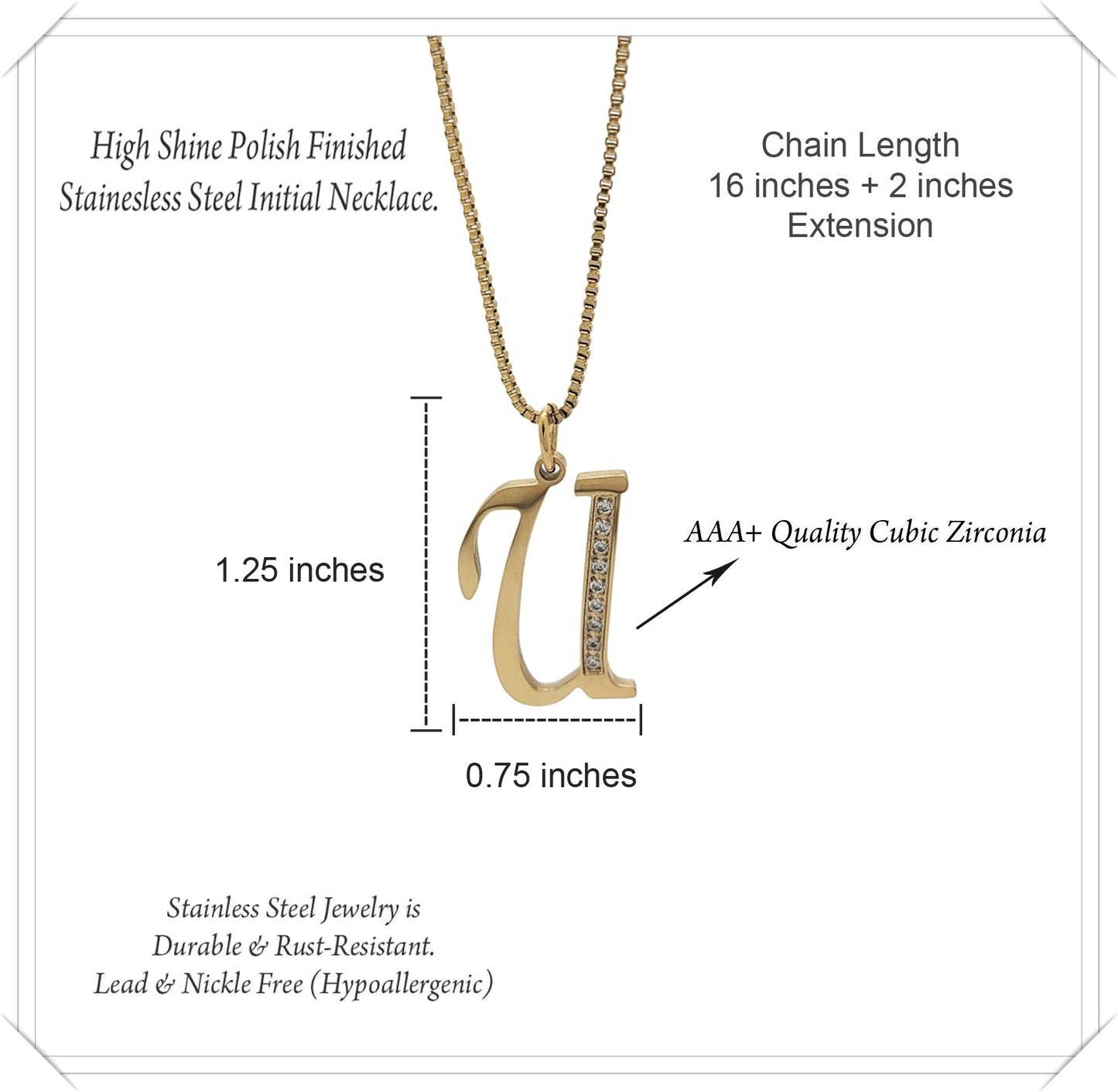 Stainless Steel Initial Necklace – Letter U with Cubic Zirconia
