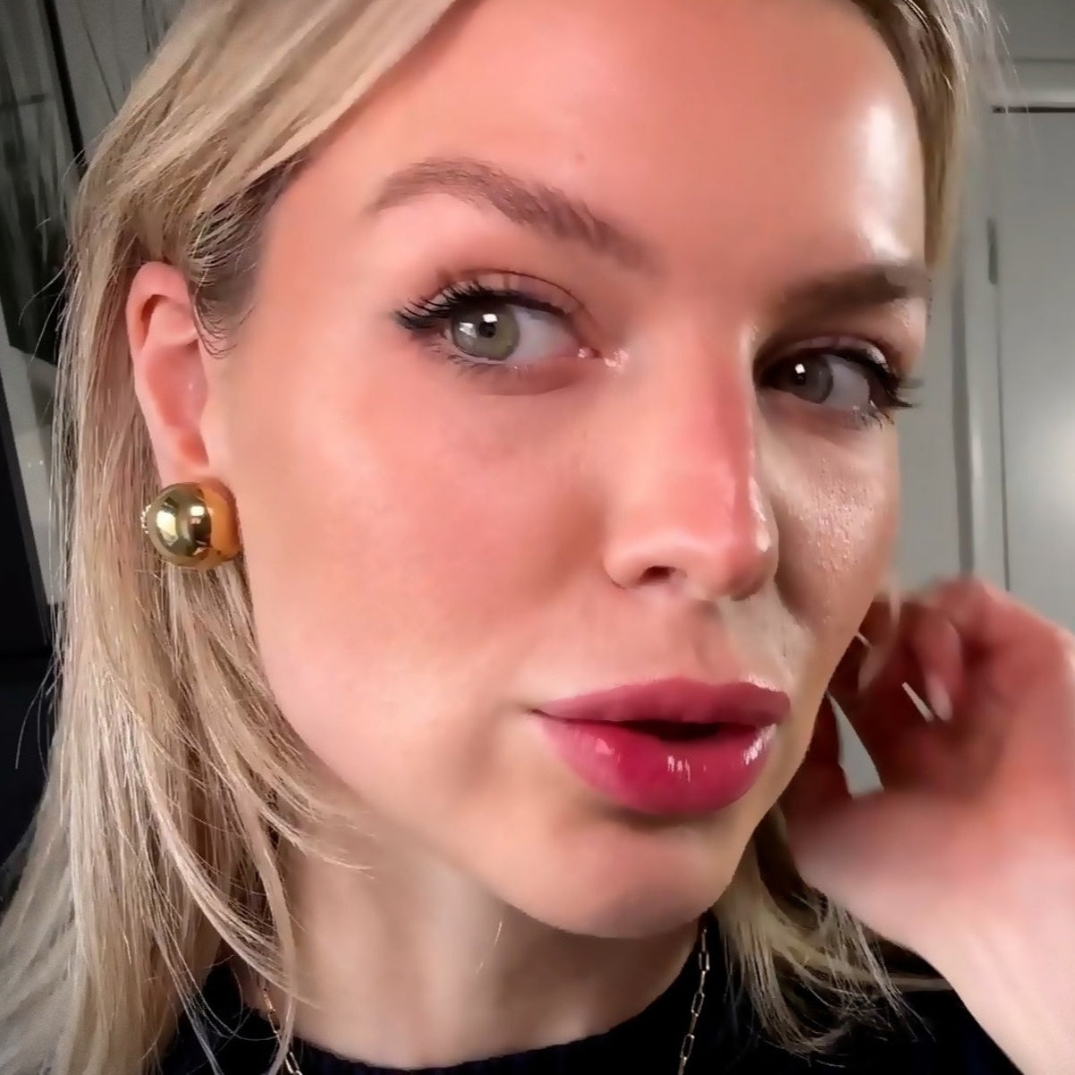 Model Wearing Stainless Steel Dome Earring