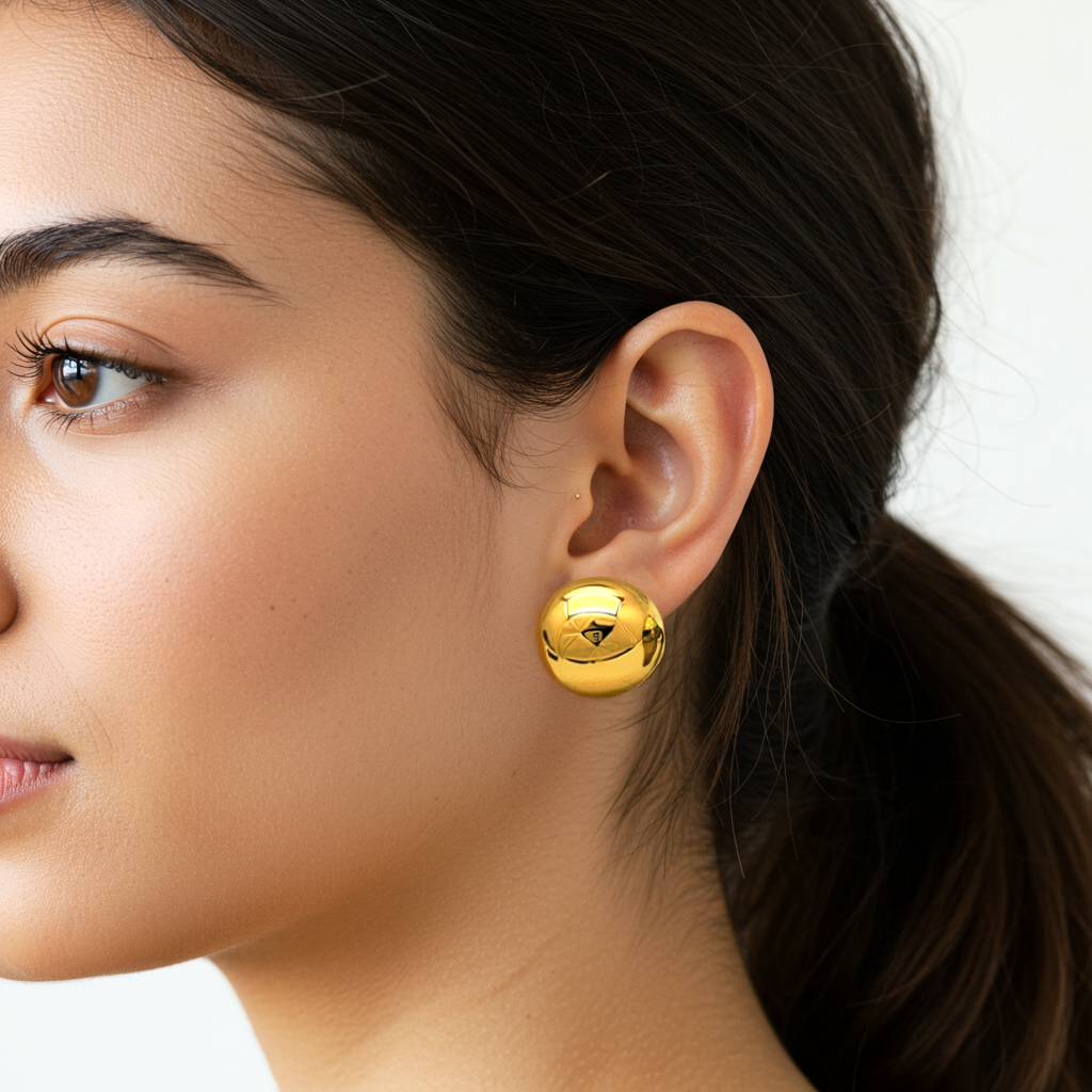 Close-up of a woman wearing gold earrings with a plain background