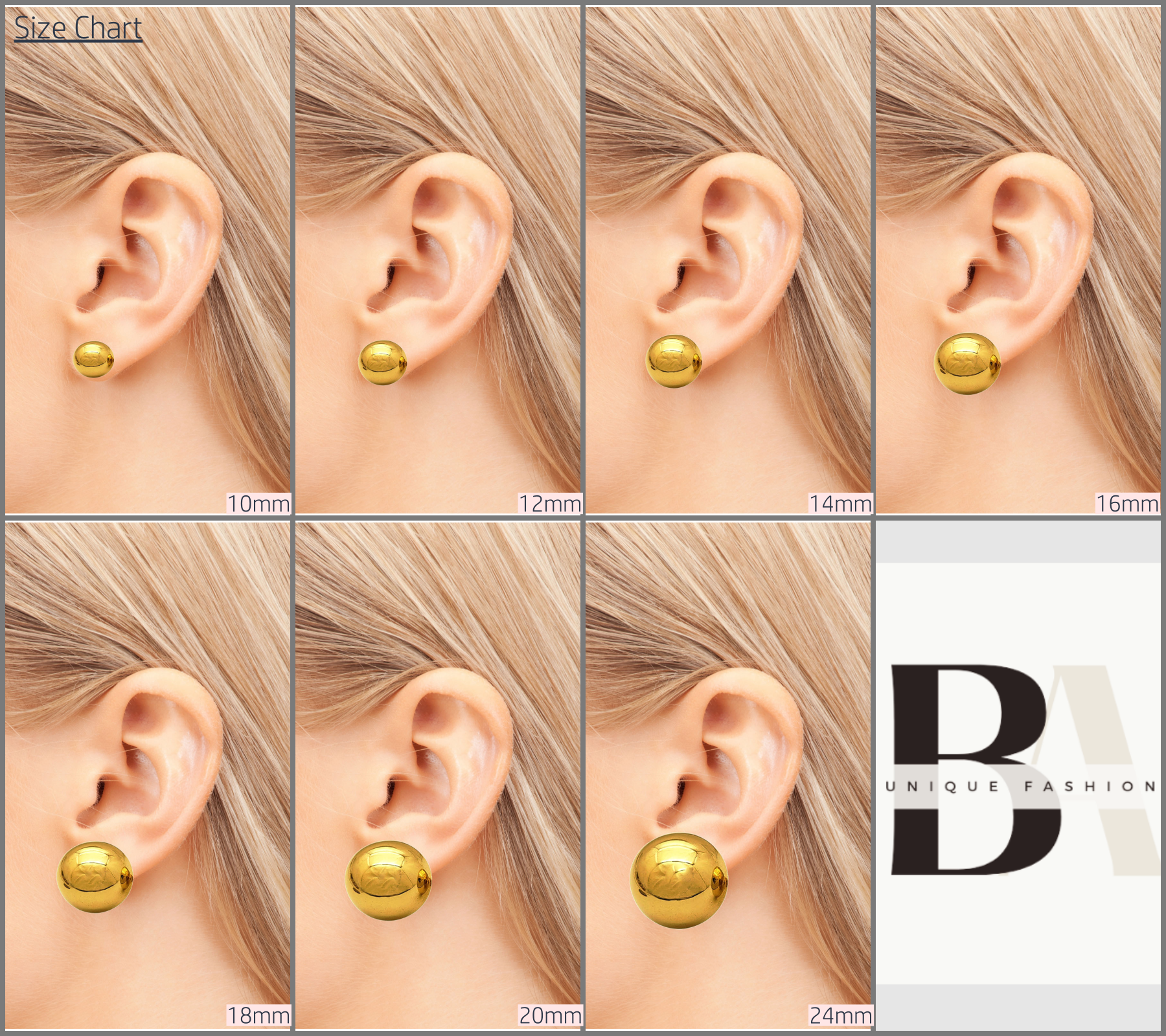 Collage of gold earrings worn on ears with size chart at the bottom.