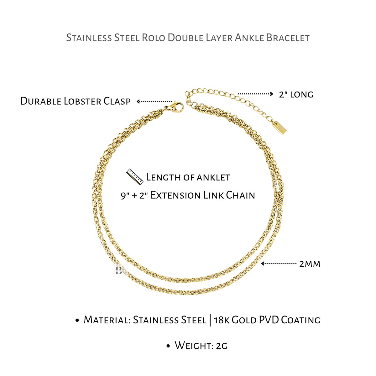 Stainless Steel Rolo Double Layer Ankle Bracelet with labeled features on a white background