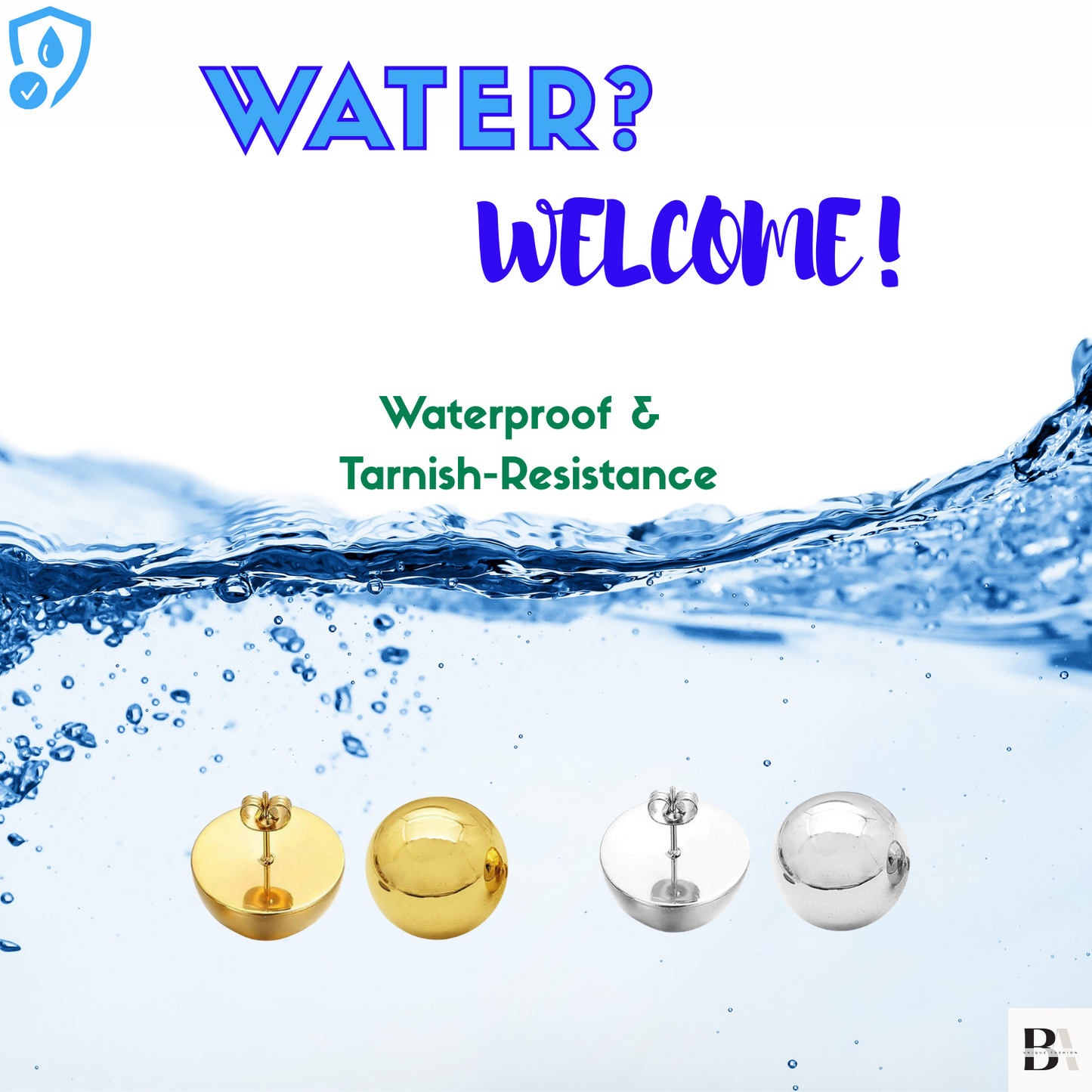 Gold and silver earrings with water splash and text about waterproof and tarnish resistance.