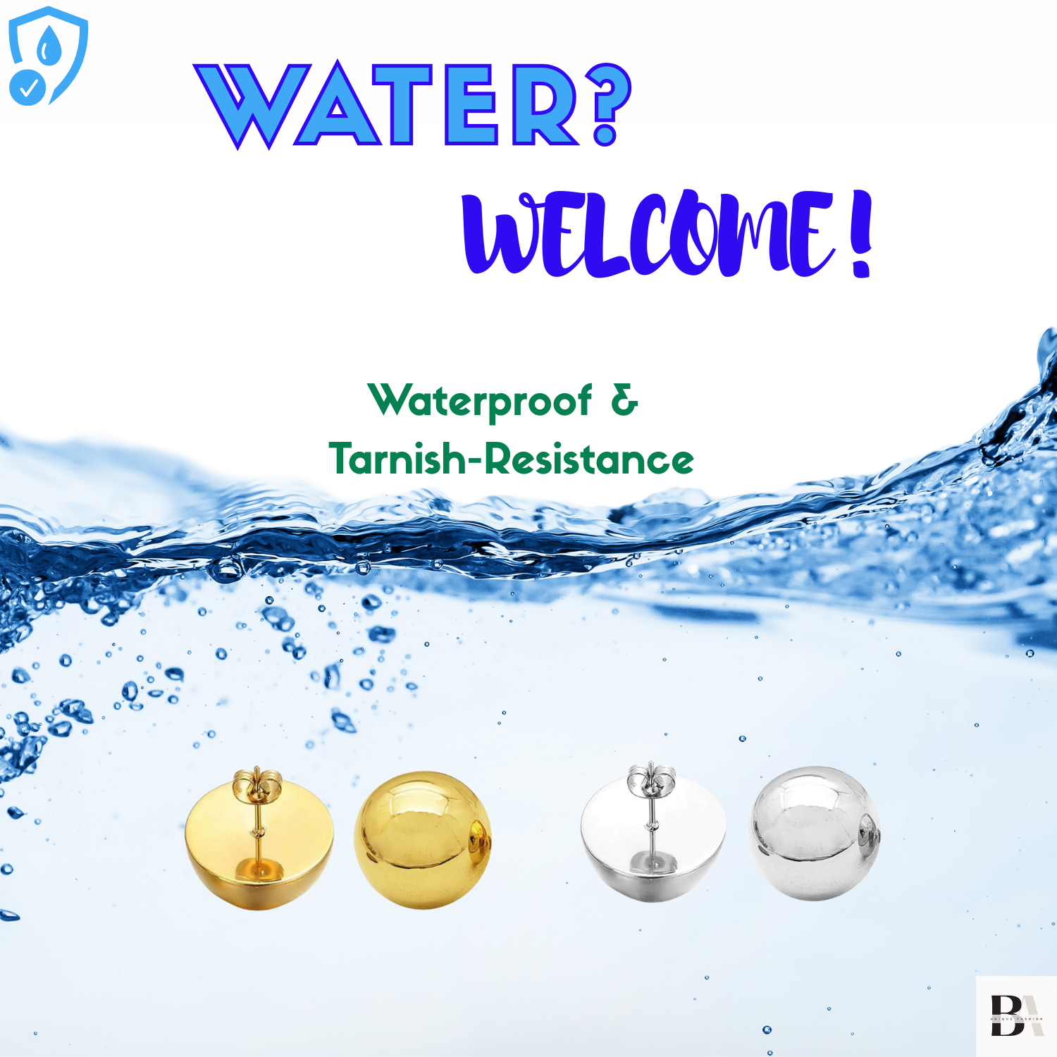 Gold and silver earrings with water splash and text about waterproof and tarnish resistance.