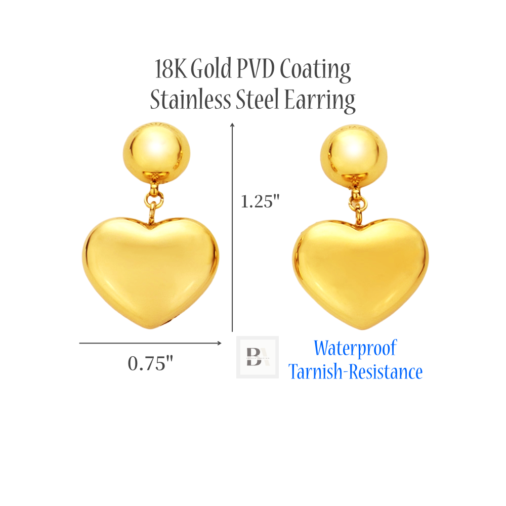 Gold heart-shaped earrings with 18K gold PVD coating on a white background