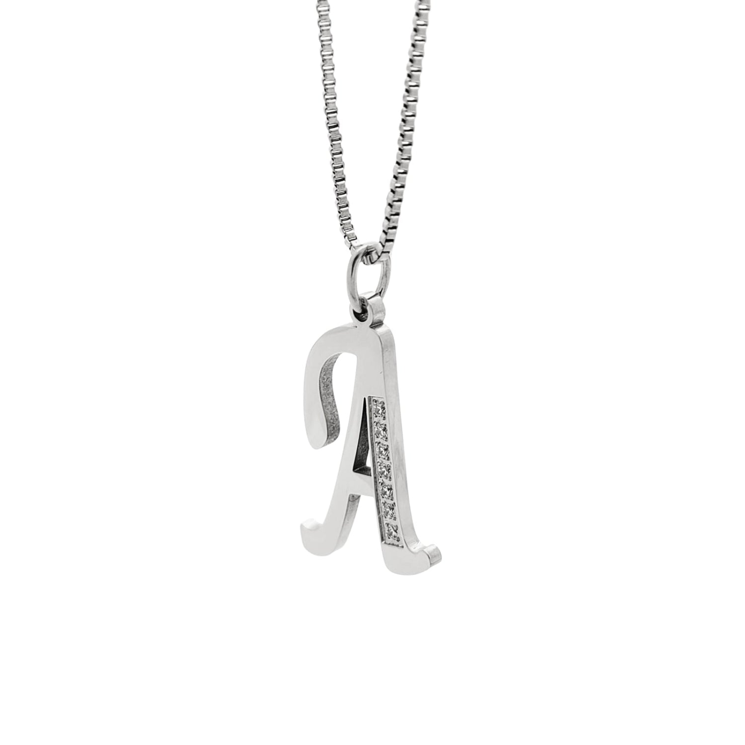 Silver necklace with a letter 'A' pendant on a white background