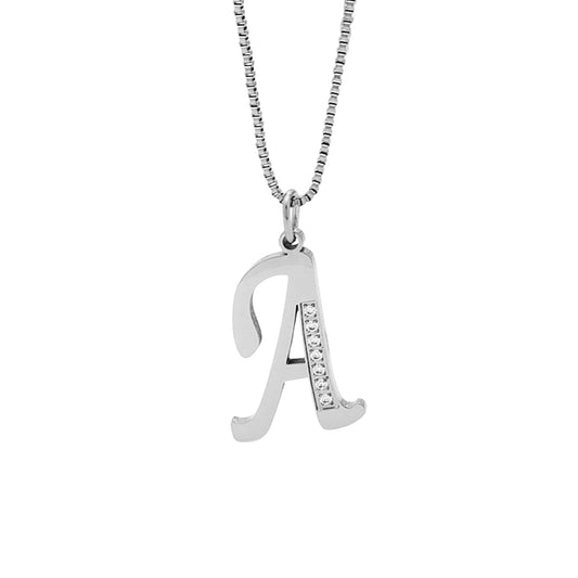 Silver necklace with 'A' pendant on a white background