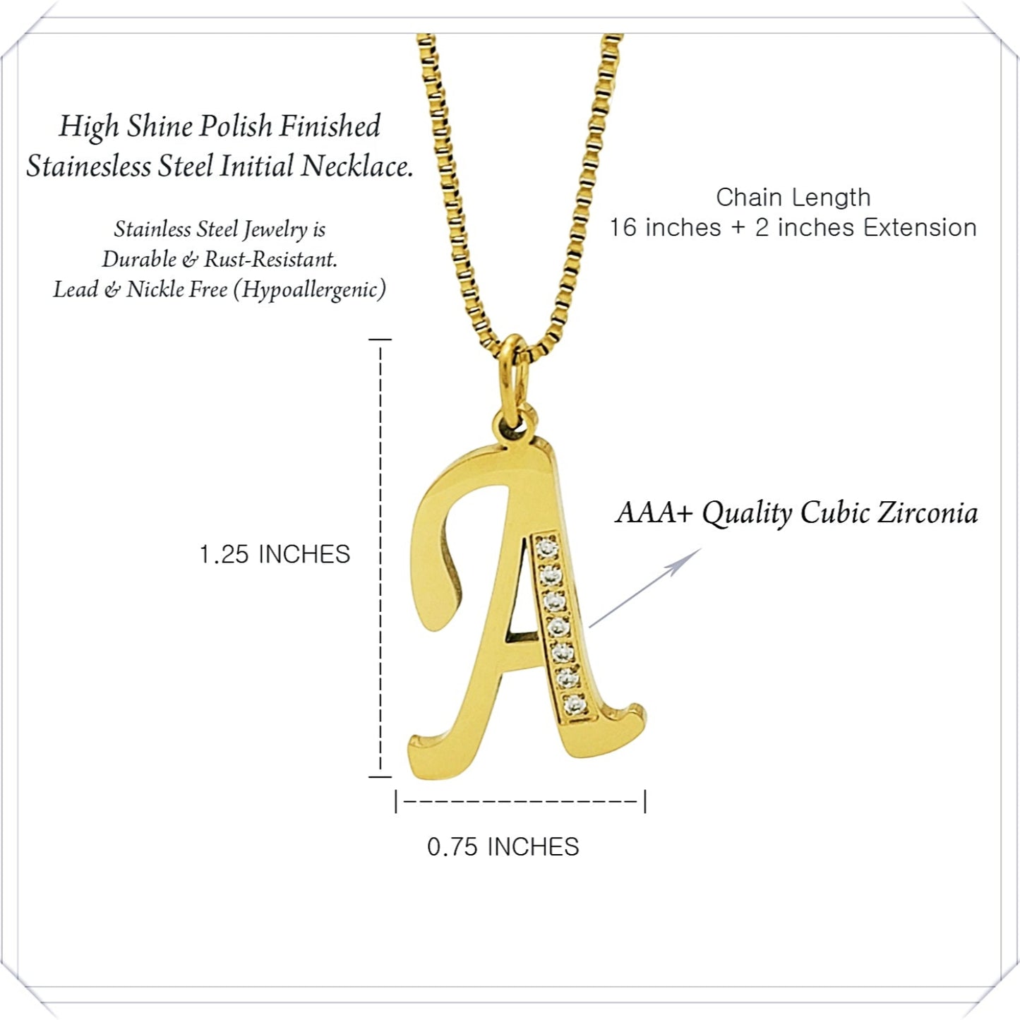 Gold necklace with letter 'A' pendant and product details on a white background