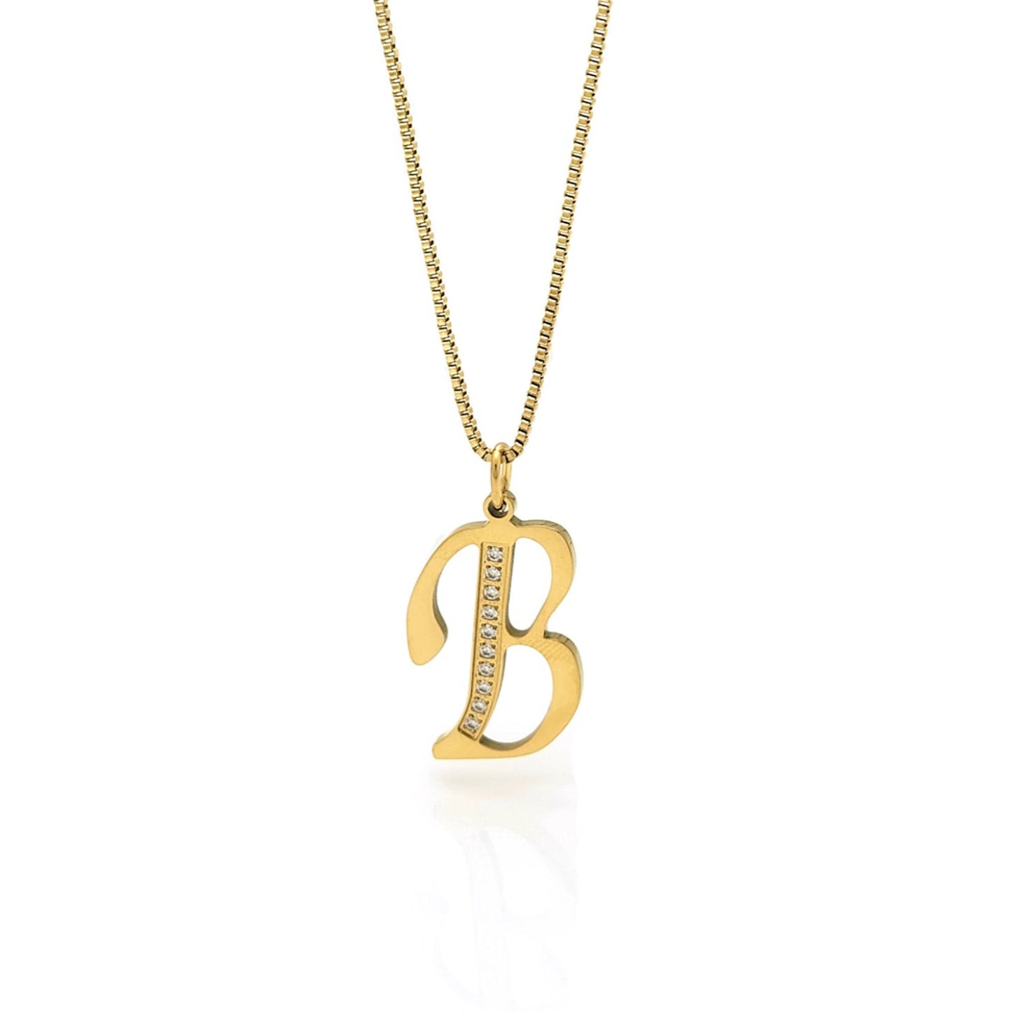 Gold necklace with a 'B' pendant on a white background
