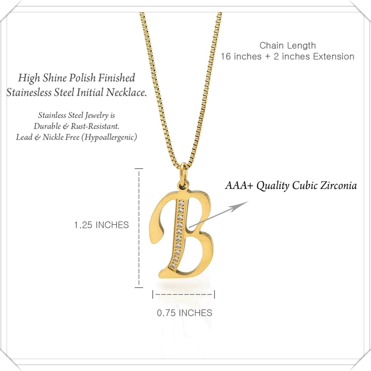 Gold necklace with 'B' pendant and product details on a white background