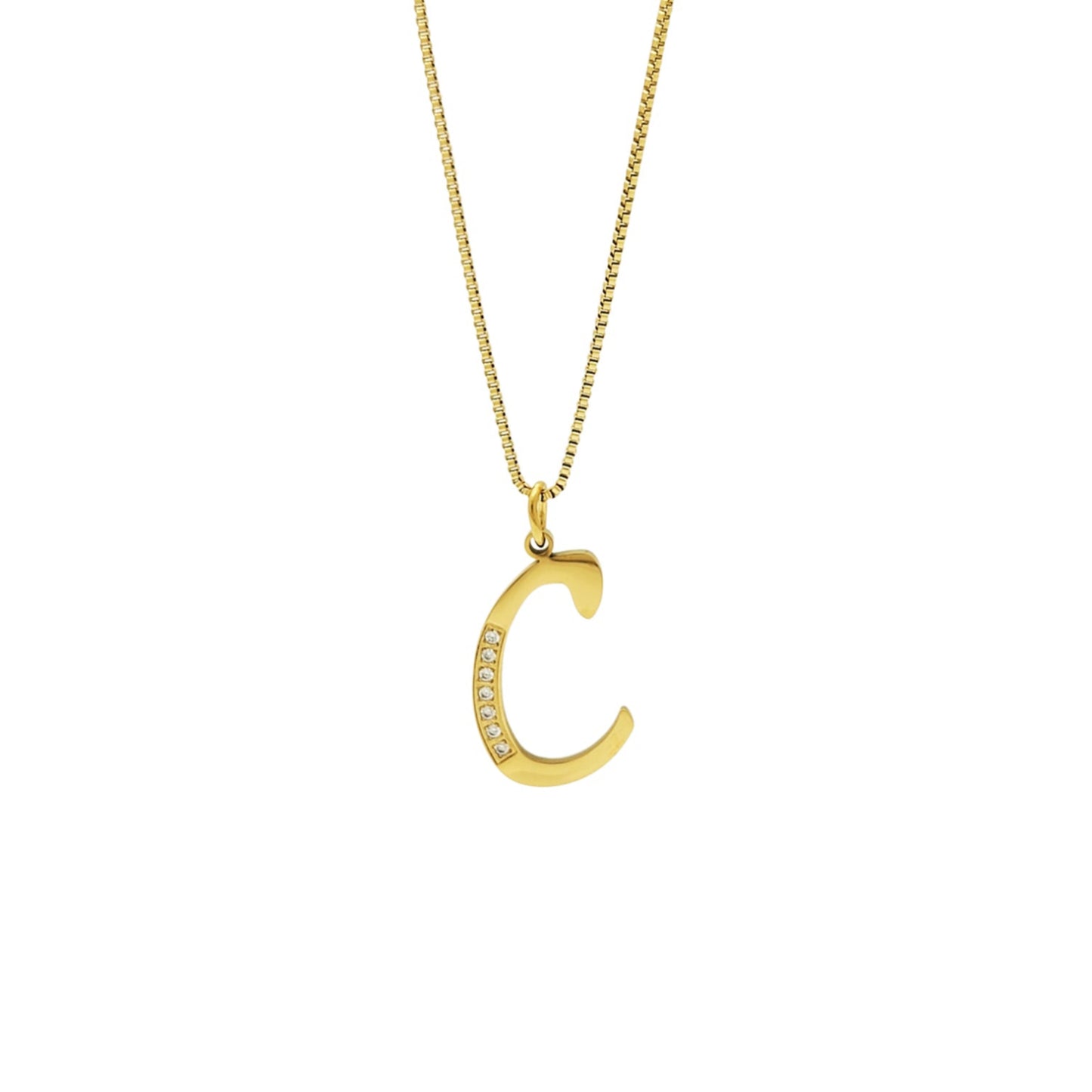 Gold necklace with a 'C' pendant on a white background
