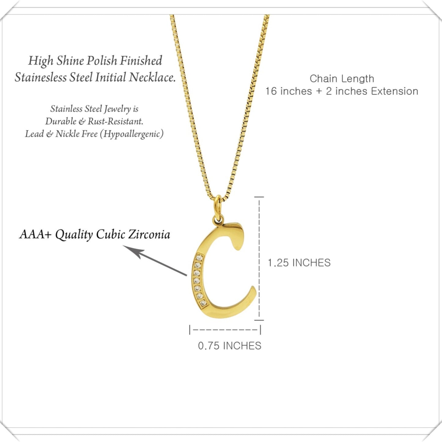 Gold necklace with letter 'C' pendant and product details on a white background