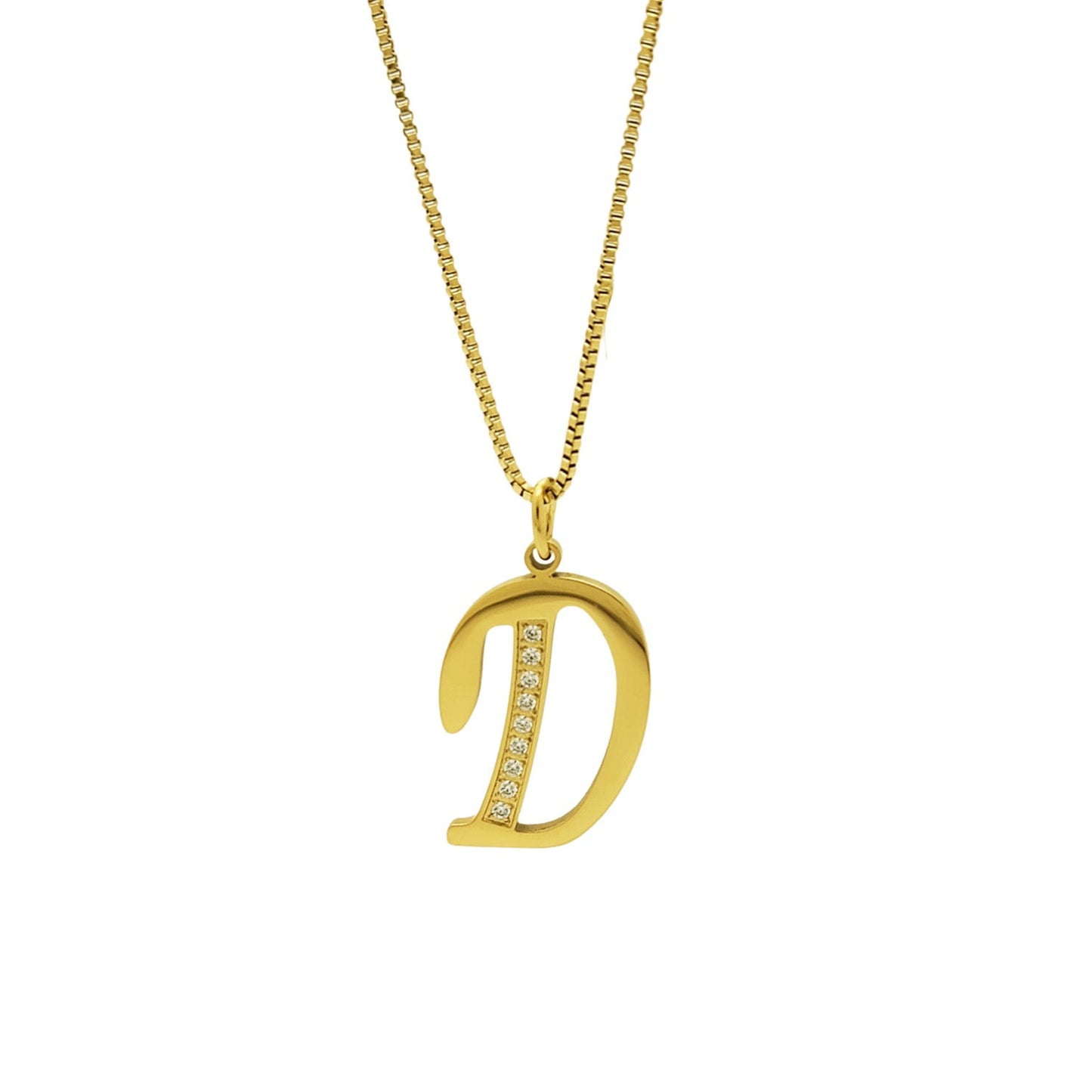 Gold necklace with a 'D' pendant on a white background