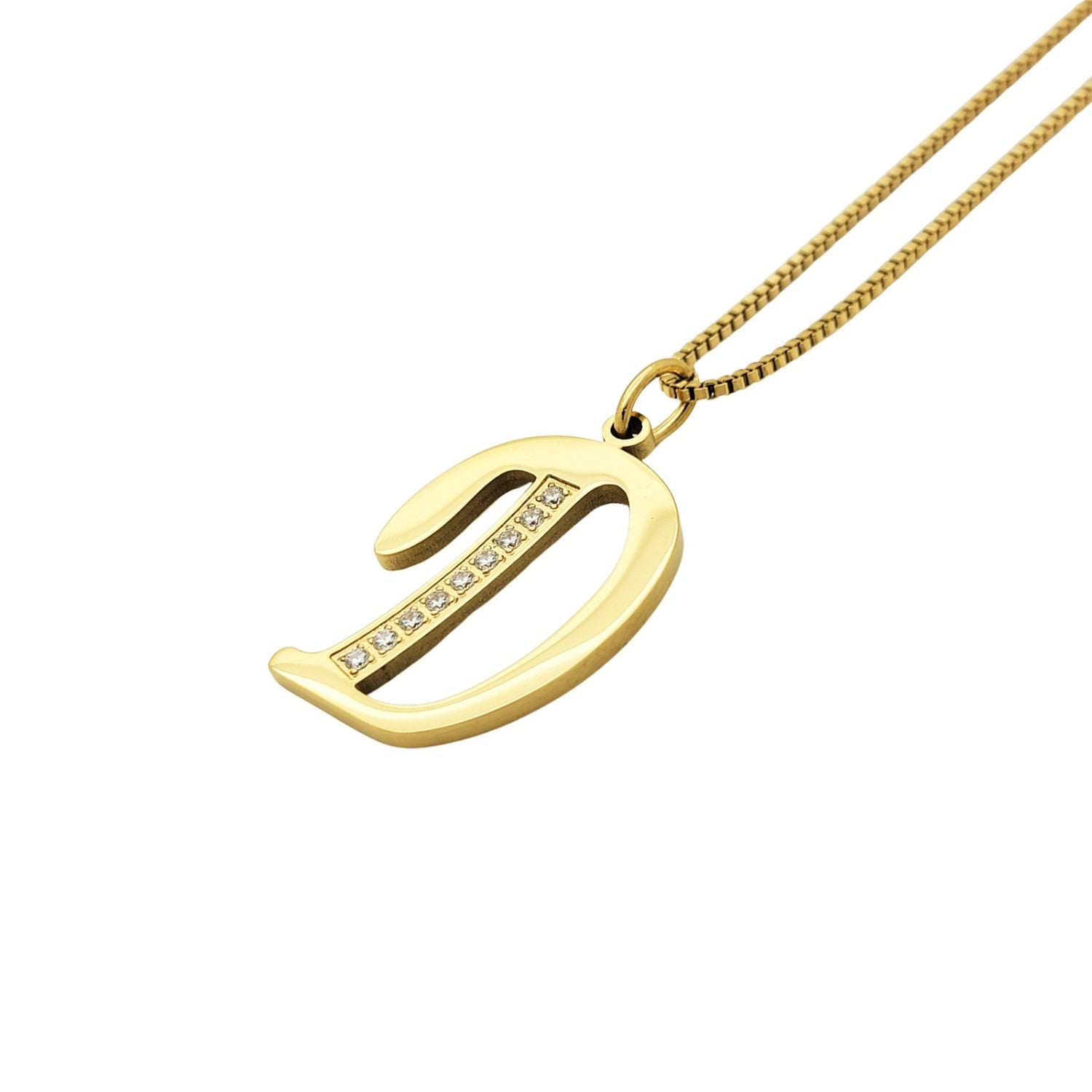 Gold D necklace with a unique pendant on a white background