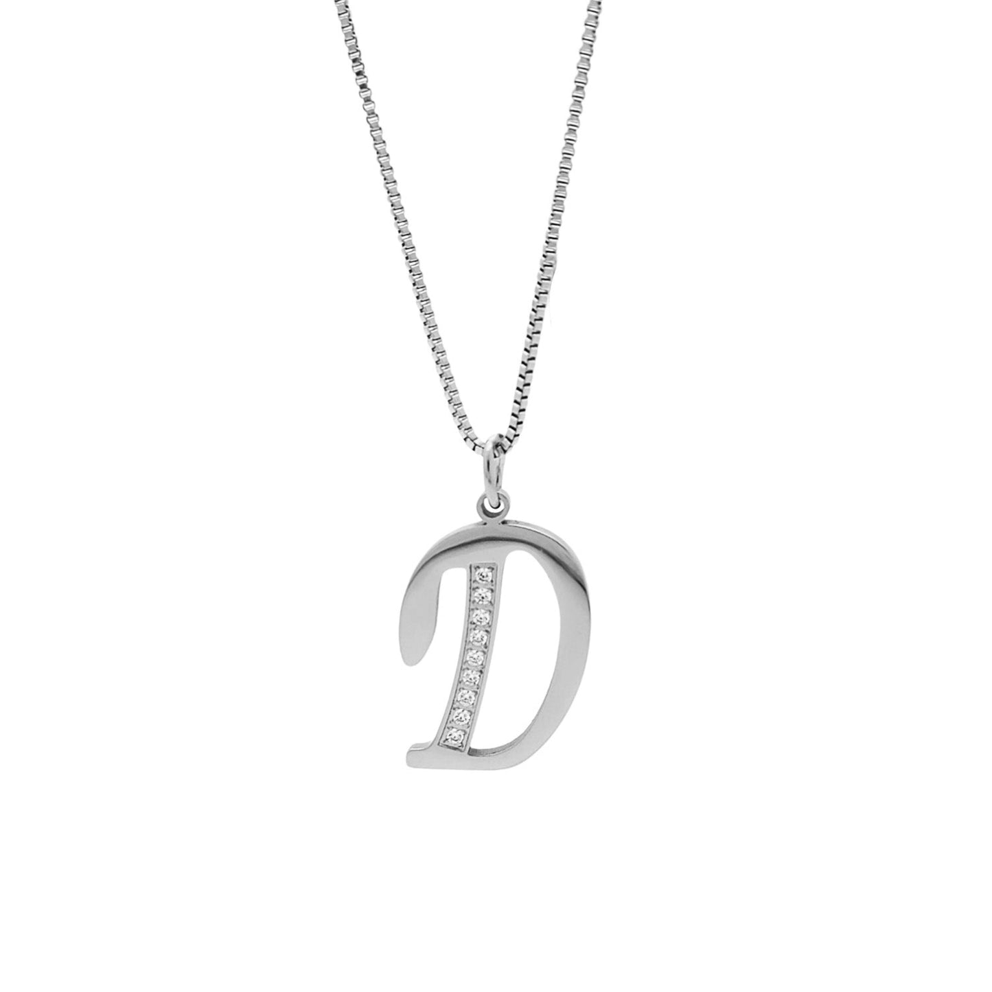 Silver necklace with a 'D' pendant on a white background