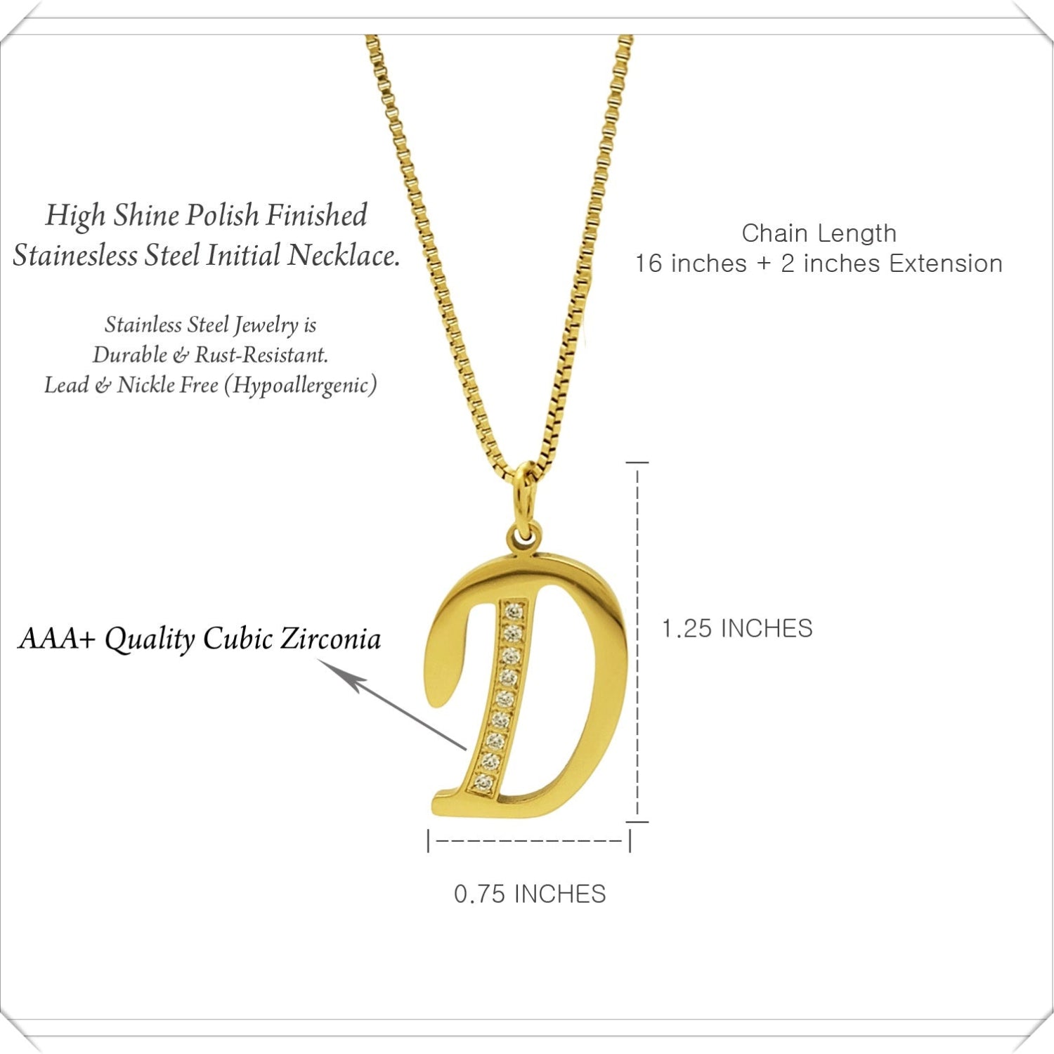 Gold necklace with 'D' pendant and zirconia stones, labeled with dimensions and material details.