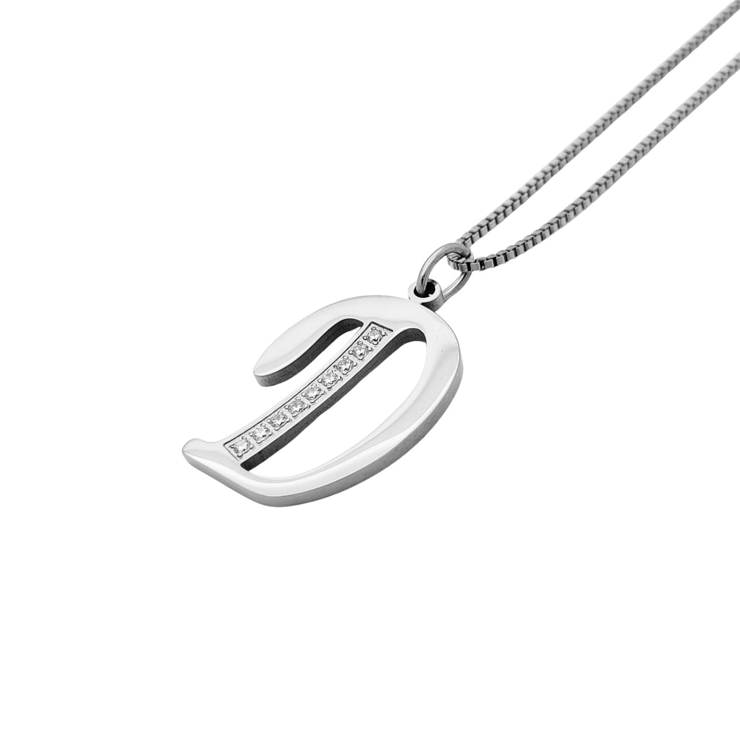Silver D necklace with a unique pendant on a white background