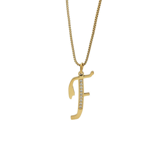 Gold necklace with a 'F' pendant on a white background