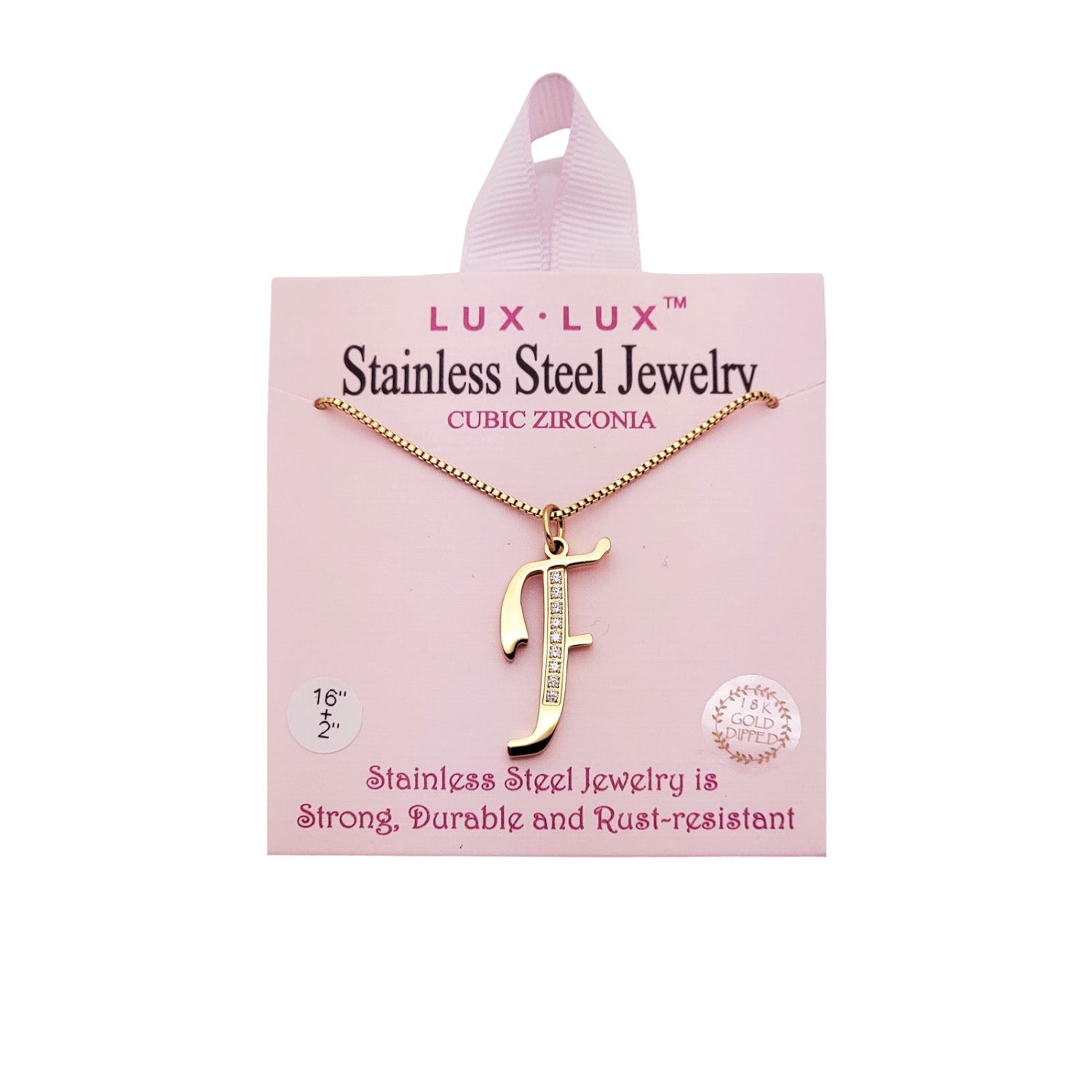 Gold necklace with letter 'F' pendant on  card