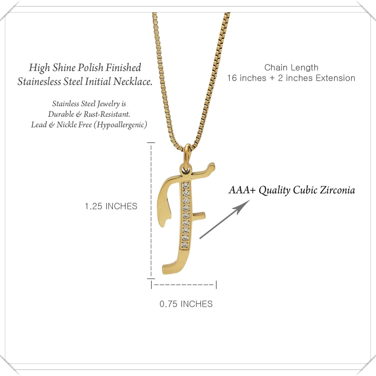 Gold necklace with letter 'F' pendant and zirconia stones, labeled with product details.