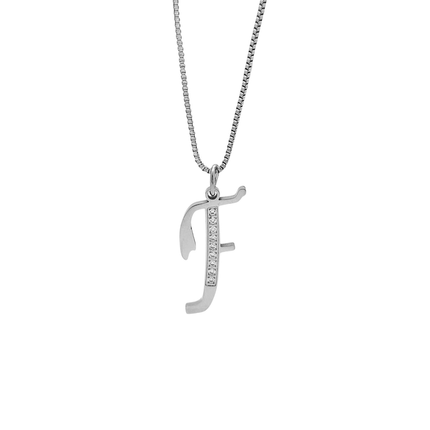 Silver necklace with a letter 'F' pendant on a white background