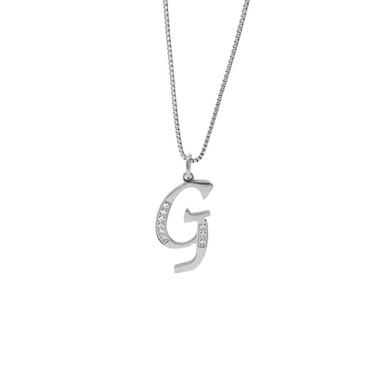 Silver necklace with a letter 'G' pendant on a white background