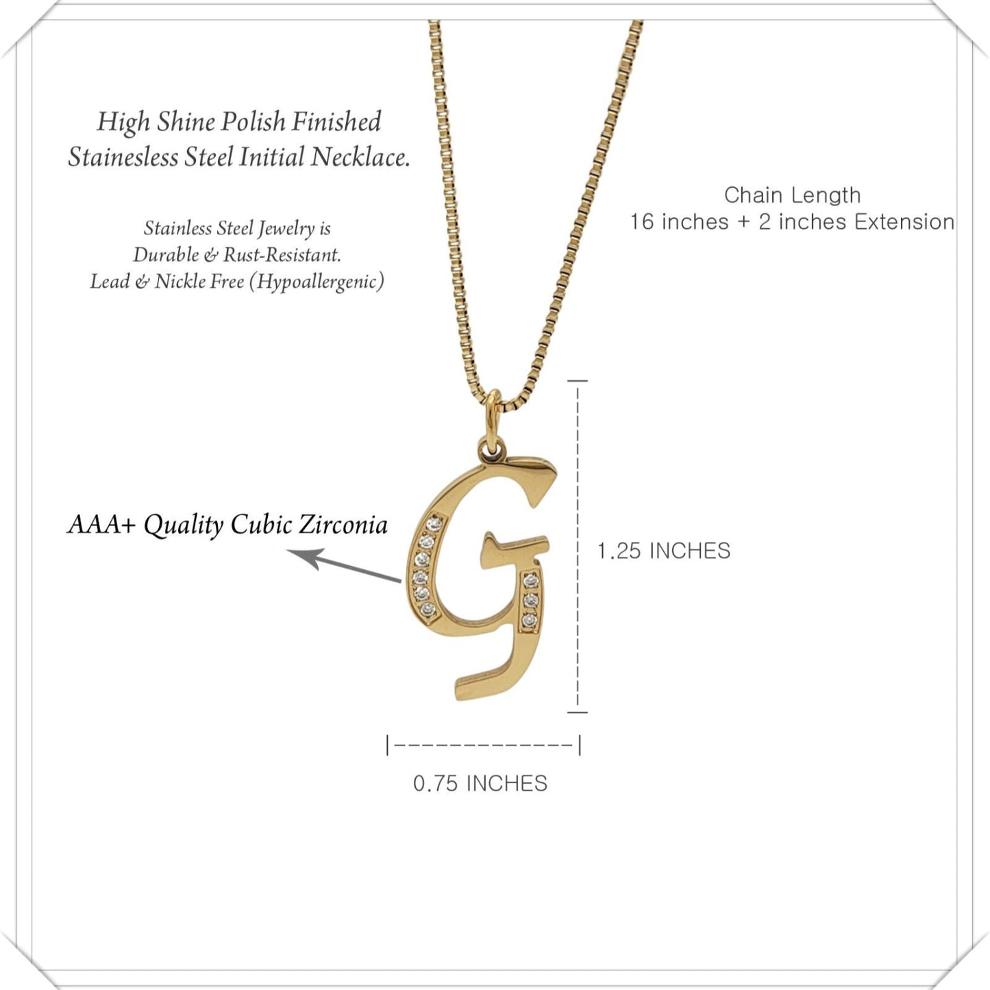 Gold necklace with letter 'G' pendant and product details on a white background