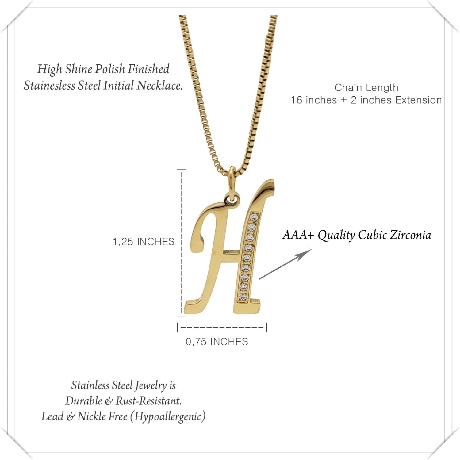 Gold necklace with 'H' pendant and zirconia stones, labeled with product details on a white background.