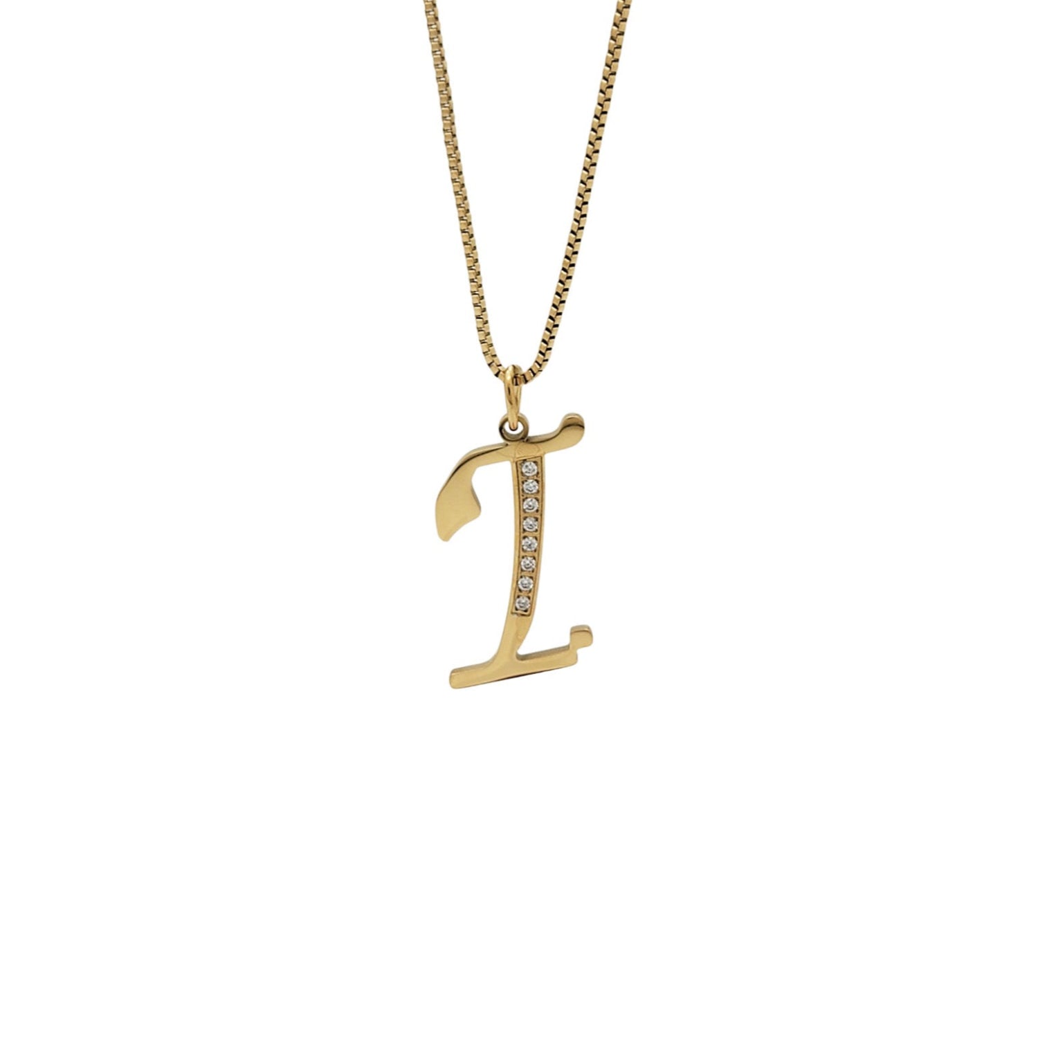 Gold necklace with a letter 'I' pendant on a white background