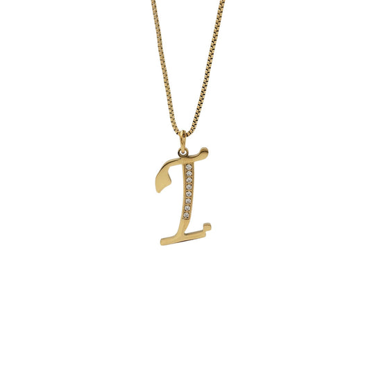 Gold necklace with a letter 'I' pendant on a white background