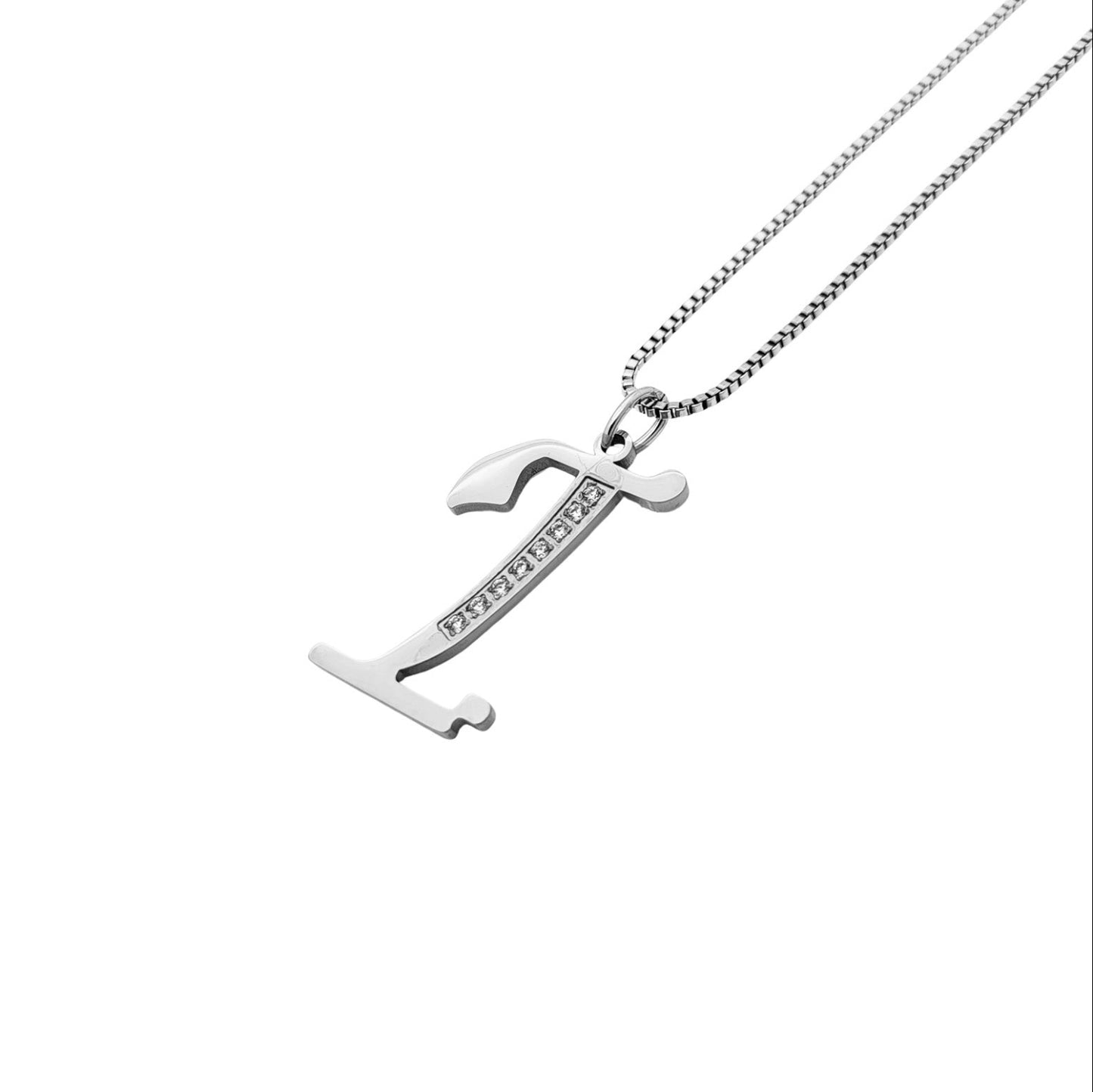 Silver I necklace with a unique pendant on a white background