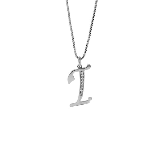 Silver necklace with a letter 'i' pendant on a white background